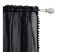 Elegant Comfort Semi-Sheer Pom Pom Tassels Curtains - 2 Panels Set - with 2inch Rod Pocket - Solid Sheer Curtain Drapes for Living Room, Bedroom, W40 X L84, Black