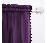 Elegant Comfort Semi-Sheer Pom Pom Tassels Curtains - 2 Panels Set - with 2inch Rod Pocket - Solid Sheer Curtain Drapes for Living Room, Bedroom, W60 X L84, Purple