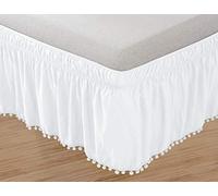 Elegant Comfort Top-Knot Tassle Pompom Fringe Ruffle Skirt Around Style Elastic Bed Wrap- Wrinkle Resistant 16 inch Drop, Twin/Full, White