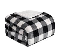 Elegant Comfort Ultra Soft Reversible Buffalo Plaid Flannel Sherpa Blanket - Cozy Silky Checkered Fleece Throw for Couch, Bed - Plush Fuzzy Warm Winter Blanket for Gift, Full, Black