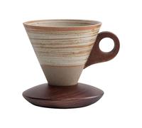 Elegant Conical Ceramic Coffee Cup 200ml - Vintage Coarse Pottery Mug with Solid Wood Base, Frosted Texture, Inlaid Crescent Wooden Handle, Pour-Over Aroma Set