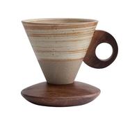 Elegant Conical Ceramic Coffee Cup 200ml - Vintage Coarse Pottery Mug with Solid Wood Base, Frosted Texture, Inlaid Round Wooden Handle, Pour-Over Aroma Set