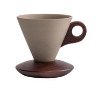 Elegant Conical Ceramic Coffee Cup 200ml - Vintage Coarse Pottery Mug with Solid Wood Base, Frosted Texture, Inlaid Crescent Wooden Handle, Pour-Over Aroma Set
