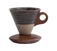 Elegant Conical Ceramic Coffee Cup 200ml - Vintage Coarse Pottery Mug with Solid Wood Base, Frosted Texture, Inlaid Crescent Wooden Handle, Pour-Over Aroma Set
