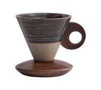 Elegant Conical Ceramic Coffee Cup 200ml - Vintage Coarse Pottery Mug with Solid Wood Base, Frosted Texture, Inlaid Round Wooden Handle, Pour-Over Aroma Set