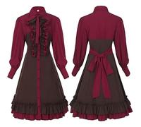 Elegant Cosplay Dress, Gothic Lolita Costume with Long Lace Sleeves Bow Detail for Party, Halloween, Formal Event Medieval UK History (Brick Red, XXL)