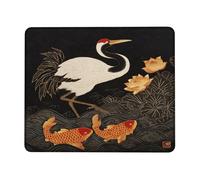 Elegant Crane and Carp Fish Mouse Pad, Black Gold Asian Art Style, Perfect for Home and Office Use, Non-Slip Washable Gaming Mousepad Square 8x10 Inch