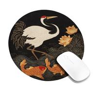 Elegant Crane and Carp Fish Mouse Pad, Black Gold Asian Art Style, Perfect for Home and Office Use, Non-Slip Washable Gaming Mousepad Round 8x8 Inch