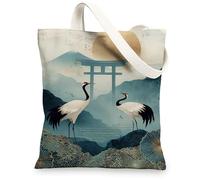 Elegant Crane Canvas Tote Bags, Artistic Bird Design Reusable Shopping Bags, Vintage Japanese Style Lightweight Washable Sh, Blue, 13x15 Inch