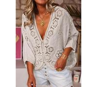 Elegant Crochet Embellished V-Neck Top with Three-Quarter Sleeves Everyday The Label White One Size