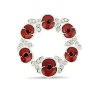 Elegant Crystal Poppy Wreath Brooch for Women Men- Red Enamel Floral Lapel Pin with Rhinestones Leaf, Gold/Silver Tone Memorial Jewellery for Remembrance Day, Hats & Suits (Silver)