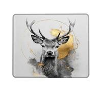 Elegant Deer Head Mouse Pad, Black and Gold Artistic Design Stitched Edge Mousepad, Rubber Non-Slip Washable Gaming Mouse Pad for Home and Office Use Square 8x10 Inch