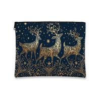 Elegant Deer Makeup Bag, Navy Gold Floral Cosmetic Travel Pouch for Women, Portable Small Zipper Organizer, Holiday Toiletry Bag, Navy, 7x9 Inch, Deer