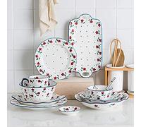 Elegant Dinner Plates,Dishes Plate Bowl Set,9 Pieces Hand-Painted Small Safflower Ceramic Tableware Dinner Set Vintage Bowl Spoon Plate Service for 2 People
