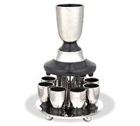 Elegant Display Kiddush Cup Wine Fountain Set - Hammered Metal with Enamel Detailing - Large Goblet, 8 Matching Shot Cups for Shabbat, Passover, Yom Tov, Wedding Gifts by Zion Judaica (Grey)
