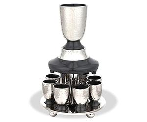 Elegant Display Kiddush Cup Wine Fountain Set - Hammered Metal with Enamel Detailing - Large Goblet, 8 Matching Shot Cups for Shabbat, Passover, Yom Tov, Wedding Gifts by Zion Judaica (Grey)