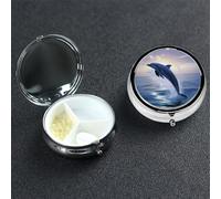 Elegant Dolphin Pill Box 3 Compartment Round Portable Pill Case for Pocket or Purse Pill Holder Weekly Pill Organizer Decorative Metal Medicine Vitamin Organizer Travel Gift