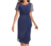 Elegant Dresses for Women UK Clearance Summer Wrap Dress Short Sleeve Dress Chiffon Ruffle Dress High Waist Midi Dres Bodycon Long Dress Ladies Slim Fit Work Dress Formal Wedding Guest Dress