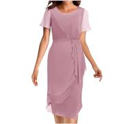 Elegant Dresses for Women UK Clearance Summer Wrap Dress Short Sleeve Dress Chiffon Ruffle Dress High Waist Midi Dres Bodycon Long Dress Ladies Slim Fit Work Dress Formal Wedding Guest Dress