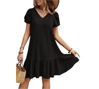 Elegant Dresses for Women V Neck Puffed Sleeve Ruffle Hem Cotton Linen Dress Casual Loose Fit Shift Dresses with Textured Fabric Lightweight Summer Beach Cover Ups L Black