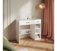 Elegant Dressing Table with Glass Top, 2 Drawers, Makeup Organiser Drawer, Bedroom Vanity Table, White, 90 x 40 x 77 cm