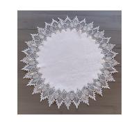 Elegant Earth Tone White Jacquard Table Topper, Doily, Table Runner with Lace Silver Accents, Round Decorative Table Centerpiece (24 Inch Round)