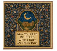 Elegant Eid Card - Crescent Moon Night Sky and Mosque Scene, Ornate Floral Border - May Your Eid Be Filled with Light and Blessings