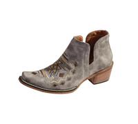 Elegant Embroidered Denim Ankle Boots for with Folk Motifs and Mid Heel Design (Grey-B, 5)