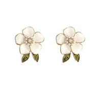 Elegant Enamel Flower Earrings for Women Girls 14K Gold Plated Shiny Sequin Faux Pearl Camellia Studs Earrings White Pink Flower Statement Valentine's Day Mother's Day Jewelry Gifts (White)