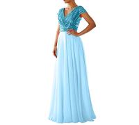 Elegant Evening Dresses for Women UK | Sequin Sparkly V Neck Chiffon Long Wedding Guest Dress Cap Sleeve High Waist Prom Cocktail Party Ball Gown Sky Blue