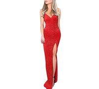 Elegant Evening Gowns for Women UK Sexy V-Neck High Waist Hem Split Party Dresses Solid Colour Slim Halter Dresses Floor Length Sequins Long Dress Spaghetti Strap Skirtd Ball Banquet Dress Red