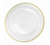 Elegant Event Essentials Beaded Charger Plate 33CM Diameter Delicate Rim Elegant Glass Under Plate with Beading Perfect for Weddings, Dinner Parties, Christmas, and Special Events Durable Gold