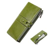 Elegant Everyday Organizer - Long Leather Wallet for Women, Spacious Card Holder Clutch Bag with Double Secure Zipper | Vintage Style Oil-Waxed Purse for Cash, Cell Phone