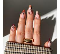 Elegant False Nails French Tip Leaf Designs Almond Artificial Nails Glossy Press On Nails For Parties And Daily Wear
