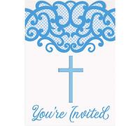 Elegant Fancy Blue Cross Invitations (11cm x 21cm) - Perfect for Religious Celebrations, Baptisms & Christenings - 8ct