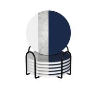 Elegant Faux Silver Navy Blue White Stripes,Round Ceramic Coasters, Mugs Pad, Cups Mat Set of 6 Drinks Coasters With Holder