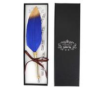 Elegant Feather Pen Set with Beautiful Carving Pattern, Blue Metal Calligraphic Pen Gift Box (Blue)