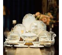 Elegant Fine Bone China Dinnerware Set - Porcelain & Ceramic Tableware, Includes Dinner Plates, Pasta Bowls, Soup Pot, Spoons & Chopsticks for Stylish Dining White 56 PCS