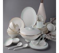 Elegant Fine Bone China Dinnerware Set - Porcelain & Ceramic Tableware with Dinner Plates, Pasta Bowls, Soup Pot, Spoons & Chopsticks - Perfect for Home & Kitchen White 42PCS * 8-Person Set