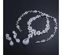 elegant floral dangle inlaid tear drop cubic zirconia wedding engagement jewelry necklace and earrings set for woman