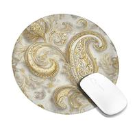 Elegant Floral Design Desk Mouse Pad, Gold Silver Ornate Pattern Stitched Edge Mousepad, Rubber Non-Slip Washable Gaming Mouse Pad for Home and Office Computer, Laptop Round 8x8 Inch