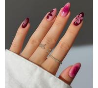 Elegant Floral Design Wine Red Almond Press On Nails - Smooth Gradient Finish Short False Nails With Rhinestone Accents French Tip Art Accessories 24pcs Pack Cute Women Set Stick On Ova