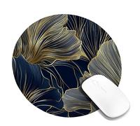 Elegant Floral Desk Mouse Pad, Navy Blue Gold Line Art Non-Slip Mousepad, Washable Gaming Mouse Pad for Home and Office Use Round 8x8 Inch