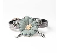 Elegant Floral Dog Collar with Detachable Fabric Flower, Adjustable Pet Neckwear for Small Medium Large Dogs, Soft Comfortable Puppy Collar with Daisy Pattern and Houndstooth Bow (1.3x42CM-Grey)