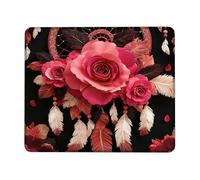Elegant Floral Dreamy Catcher Mouse Pad, Red Peach Roses with Feathers Design, Non-Slip Washable Gaming Mousepad for Home and Office Decor, Artistic Style for All Seasons Square 8x10 Inch
