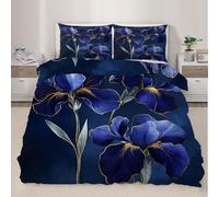Elegant Floral Duvet Cover Single Navy Blue Floral Comforter Cover Iris Flowers Comforter Set Luxury Botanical Bedding Set Soft Microfiber with Pillowcases with Zipper Ties