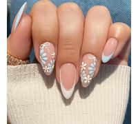 Elegant Floral French Press on Nails - Almond False Nails with Chic White Tips and Daisy Flowers - Full Cover Acrylic Kit for Women Romantic Art (Elegant Bloom Nails)