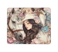 Elegant Floral Horse Design Gaming Mouse Pad, White and Brown Horses with Flowers, Spring Seasonal Computer Mousepad, Non-Slip Rubber for Home and Office Use Square 8x10 Inch