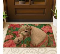Elegant Floral Horse Doormat, Peach Green Entrance Mat for Outdoor & Indoor Decor, Rubber Non-Slip Dust Absorbent Welcome Mats, Easy Maintenance 29x17 Inch