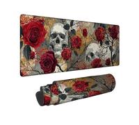 Elegant Floral Large Gaming Mouse Pad, Red Rose Skull Design Stitched Edge Mousepad, Rubber Non-Slip Washable Gaming Mouse Pad for Home and Office Computer, Laptop 16x36 Inch